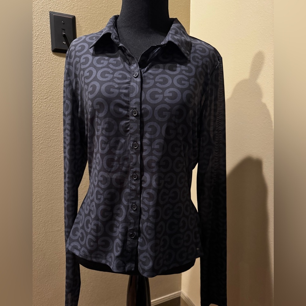 Guess Black Monogram Women's Sheer Top Large